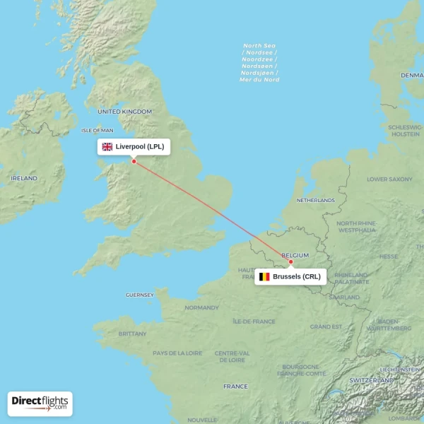 Liverpool - Brussels direct flight map