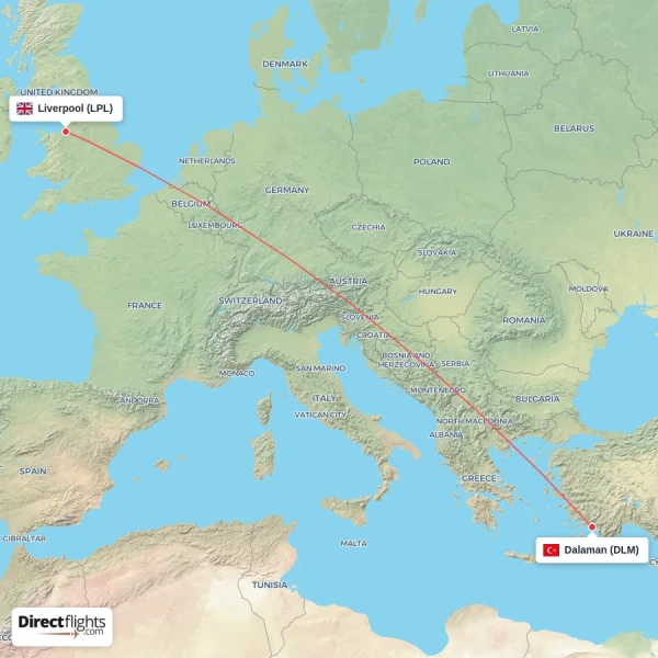 Liverpool - Dalaman direct flight map