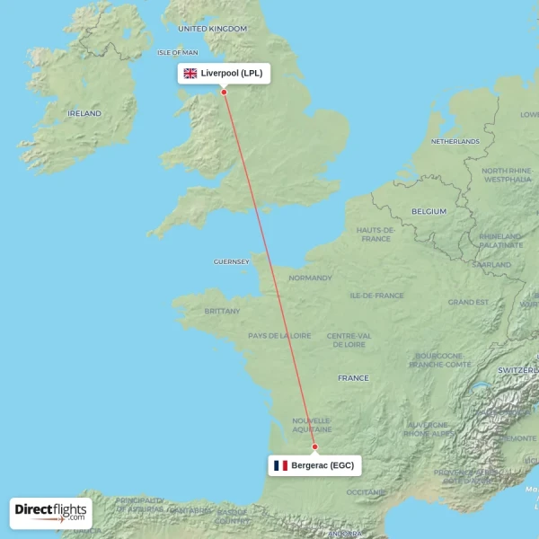 Liverpool - Bergerac direct flight map