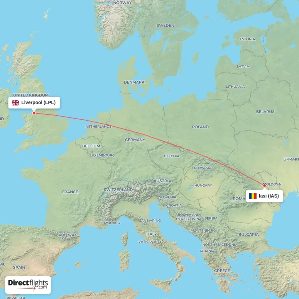 Liverpool - Iasi direct flight map