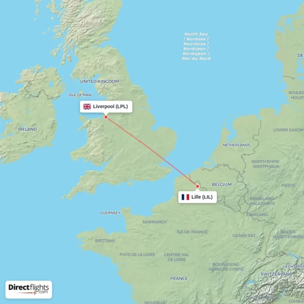 Liverpool - Lille direct flight map