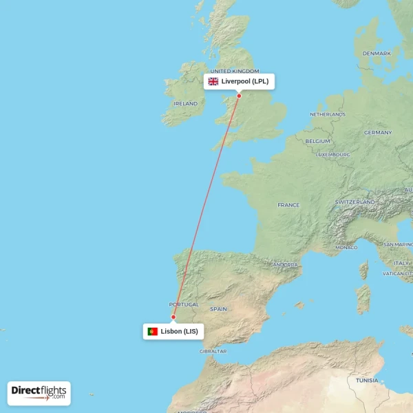 Liverpool - Lisbon direct flight map