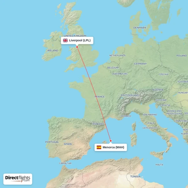 Liverpool - Menorca direct flight map