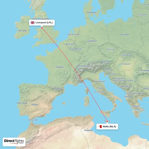 Liverpool - Malta direct flight map