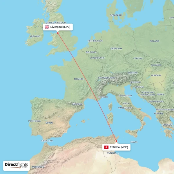 Liverpool - Enfidha direct flight map