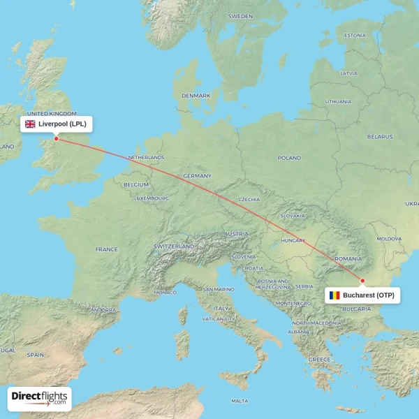 Liverpool - Bucharest direct flight map