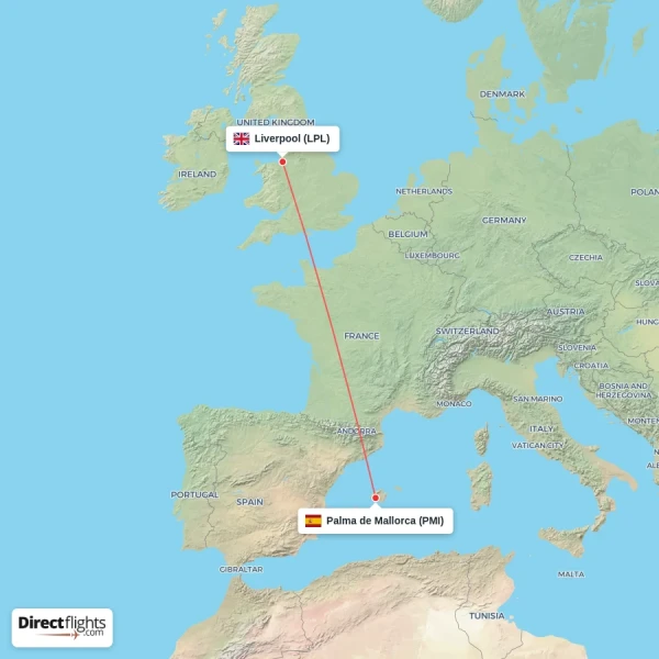Liverpool - Palma de Mallorca direct flight map