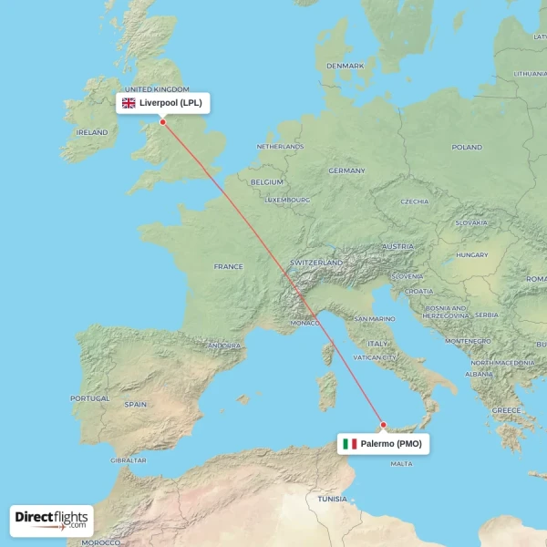 Liverpool - Palermo direct flight map