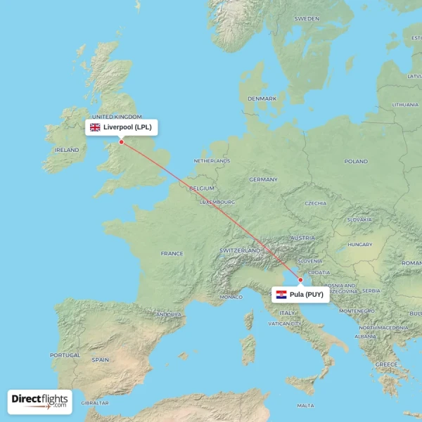 Liverpool - Pula direct flight map