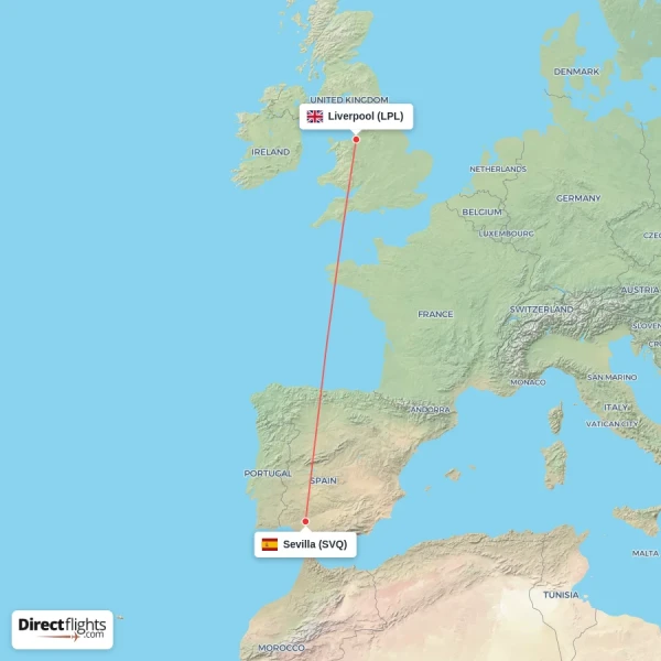 Liverpool - Sevilla direct flight map