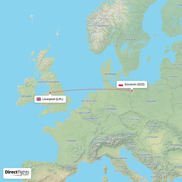Liverpool - Szczecin direct flight map