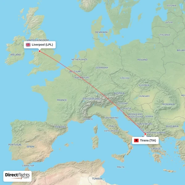 Liverpool - Tirana direct flight map