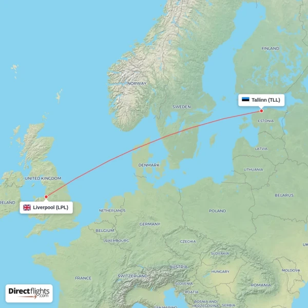 Liverpool - Tallinn direct flight map