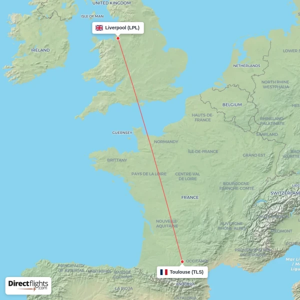 Liverpool - Toulouse direct flight map