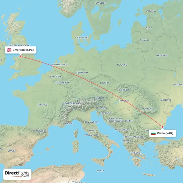 Liverpool - Varna direct flight map