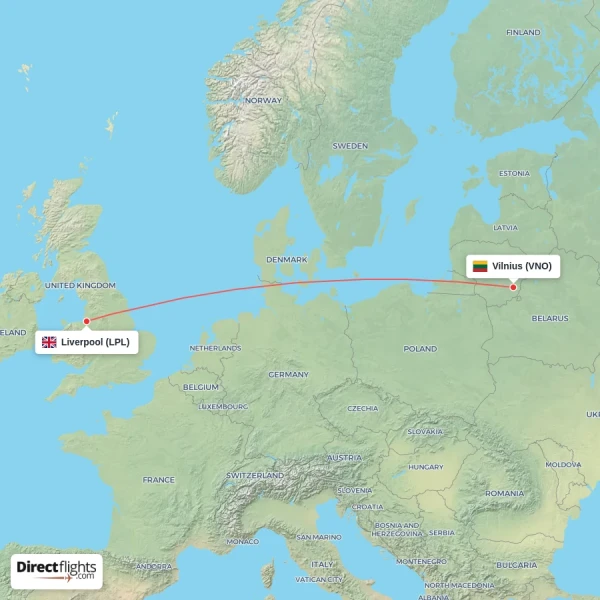 Liverpool - Vilnius direct flight map