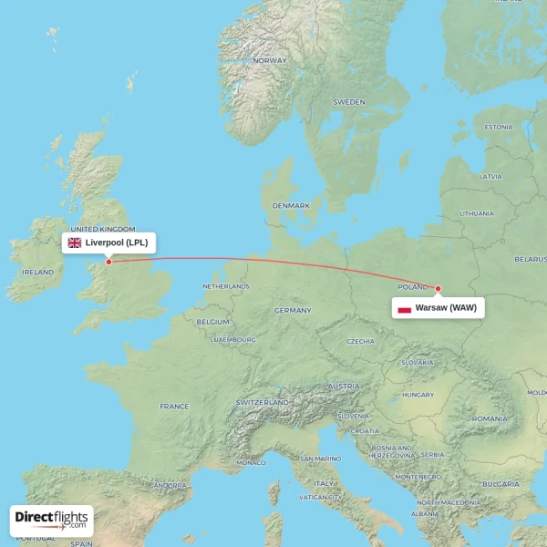 Liverpool - Warsaw direct flight map