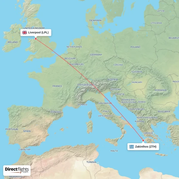 Liverpool - Zakinthos direct flight map