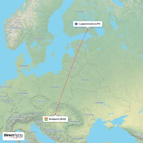 Lappeenranta - Budapest direct flight map
