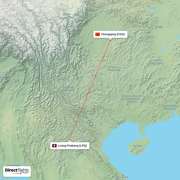 Luang Prabang - Chongqing direct flight map
