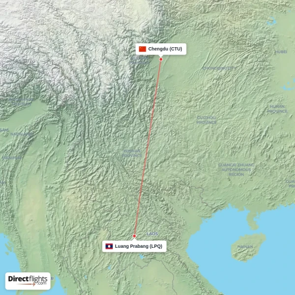 Luang Prabang - Chengdu direct flight map