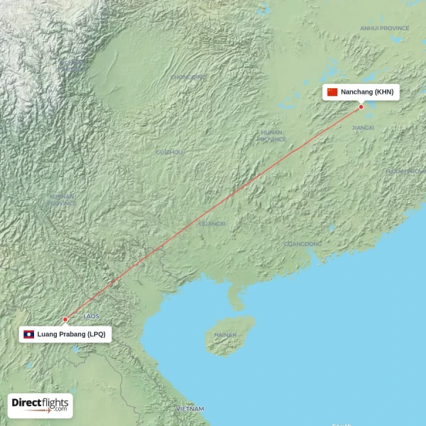 Luang Prabang - Nanchang direct flight map
