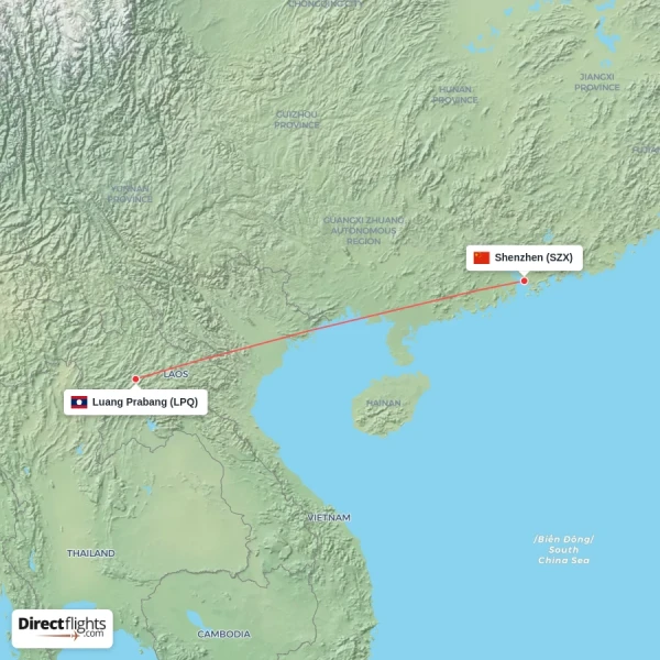Luang Prabang - Shenzhen direct flight map