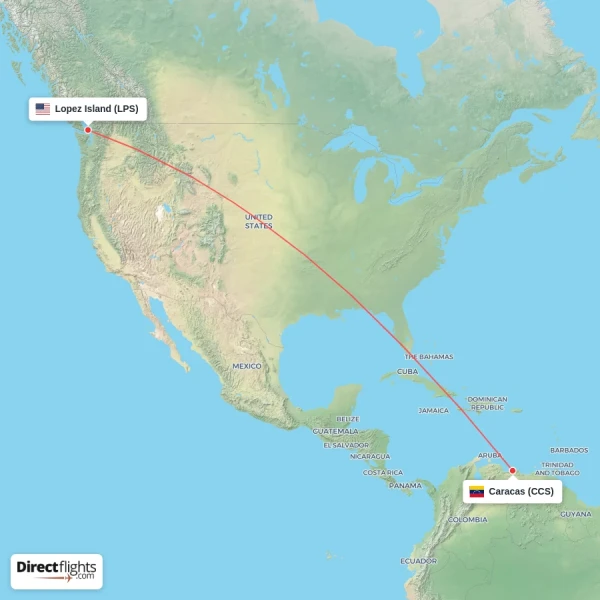 Lopez Island - Caracas direct flight map