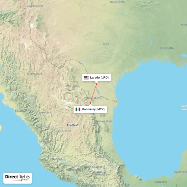 Laredo - Monterrey direct flight map