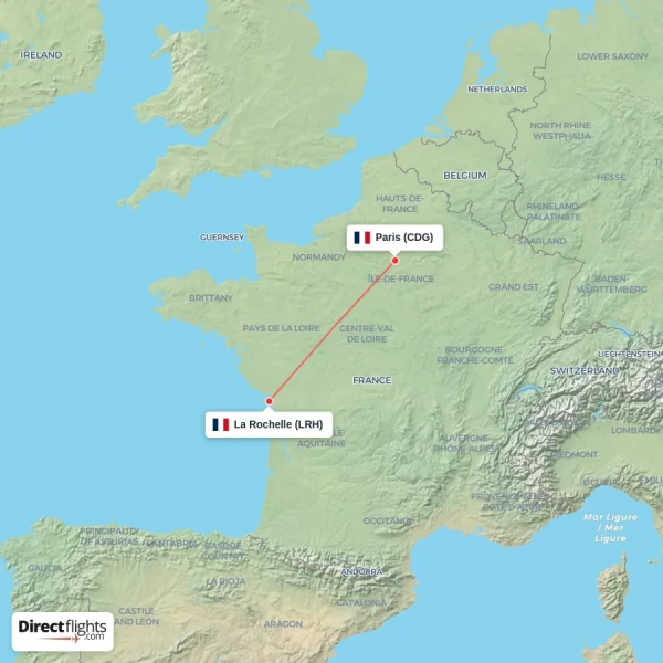 La Rochelle - Paris direct flight map
