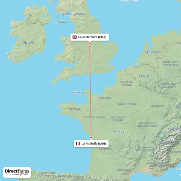 La Rochelle - Leicestershire direct flight map
