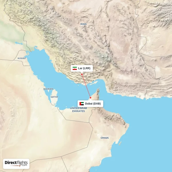 Lar - Dubai direct flight map