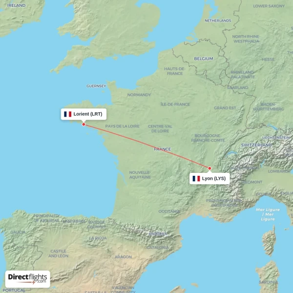 Lorient - Lyon direct flight map