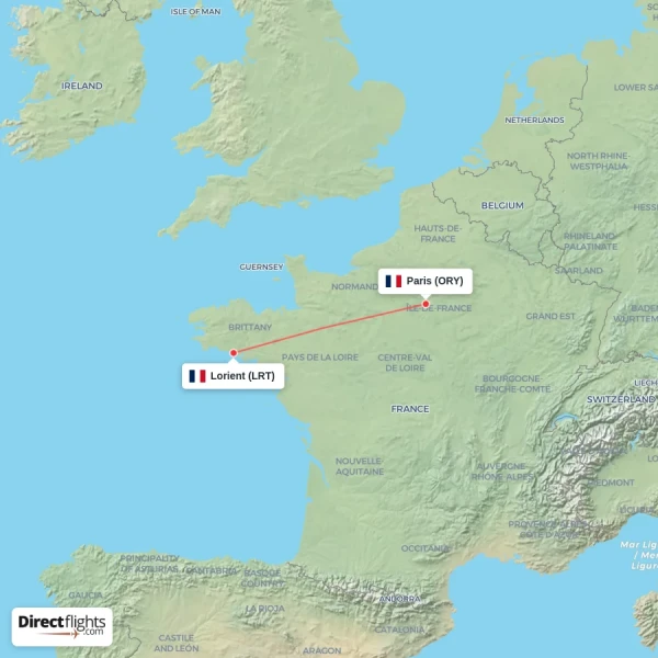 Lorient - Paris direct flight map
