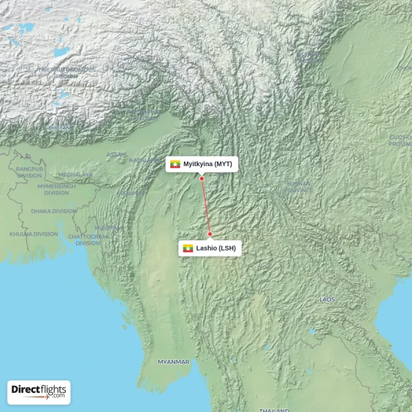 Lashio - Myitkyina direct flight map