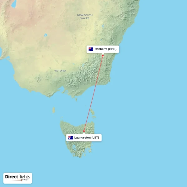 Launceston - Canberra direct flight map