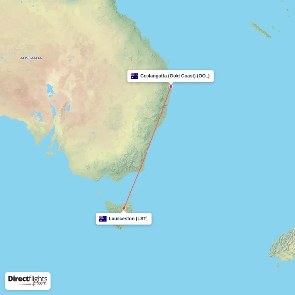 Launceston - Coolangatta (Gold Coast) direct flight map