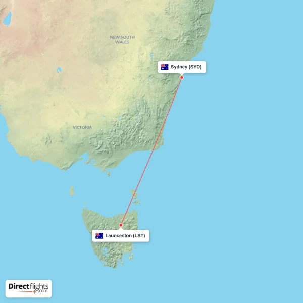Launceston - Sydney direct flight map