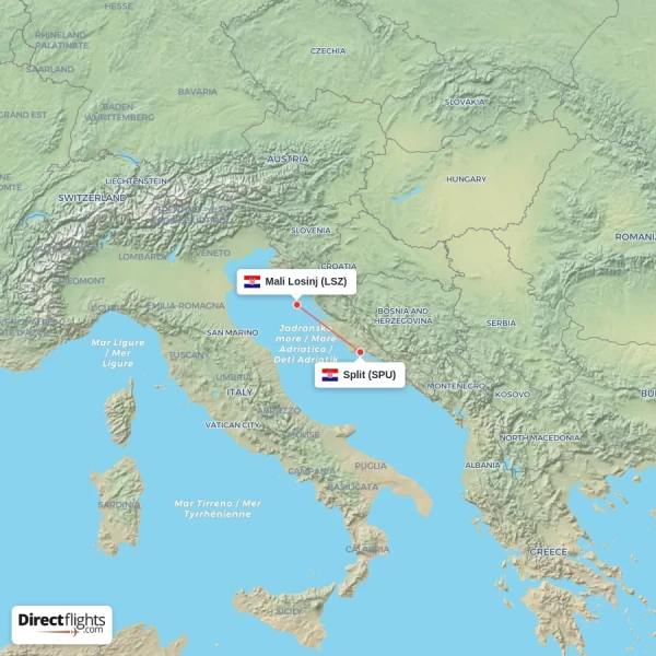 Mali Losinj - Split direct flight map