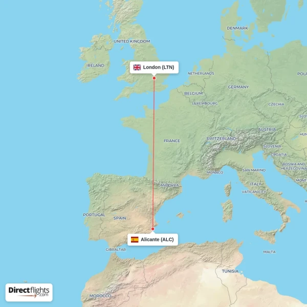 London - Alicante direct flight map
