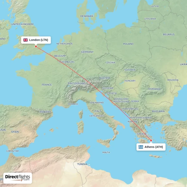 London - Athens direct flight map