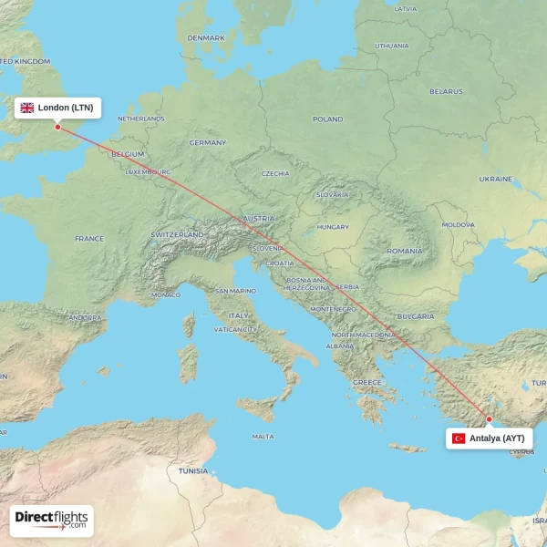 London - Antalya direct flight map