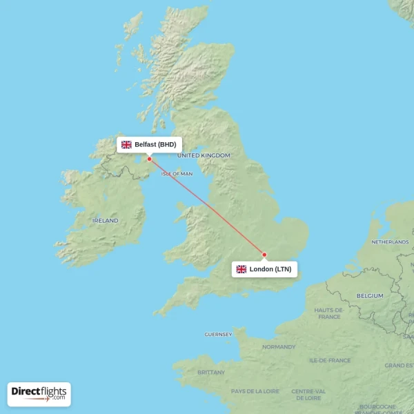 London - Belfast direct flight map