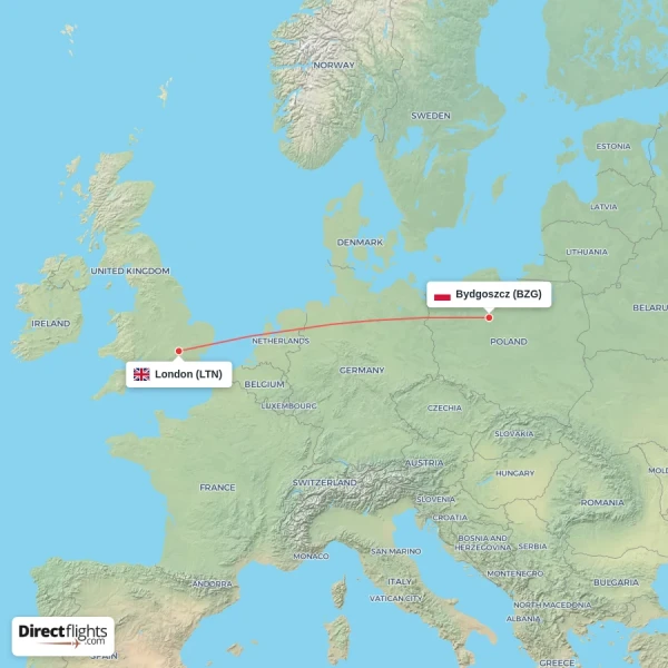 London - Bydgoszcz direct flight map
