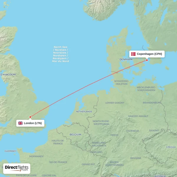 London - Copenhagen direct flight map