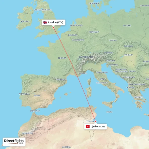 London - Djerba direct flight map