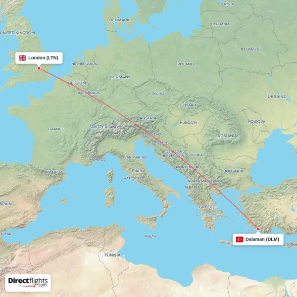 London - Dalaman direct flight map
