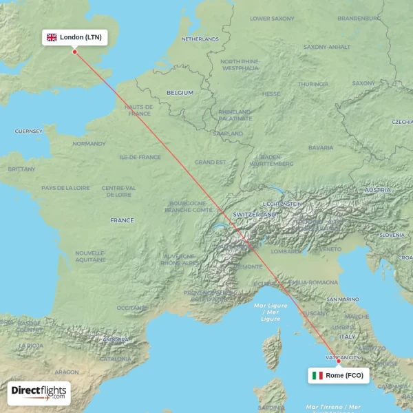 London - Rome direct flight map