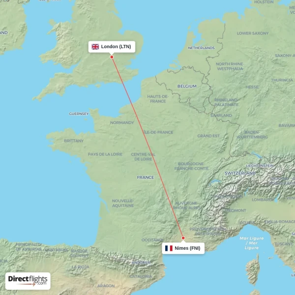 London - Nimes direct flight map