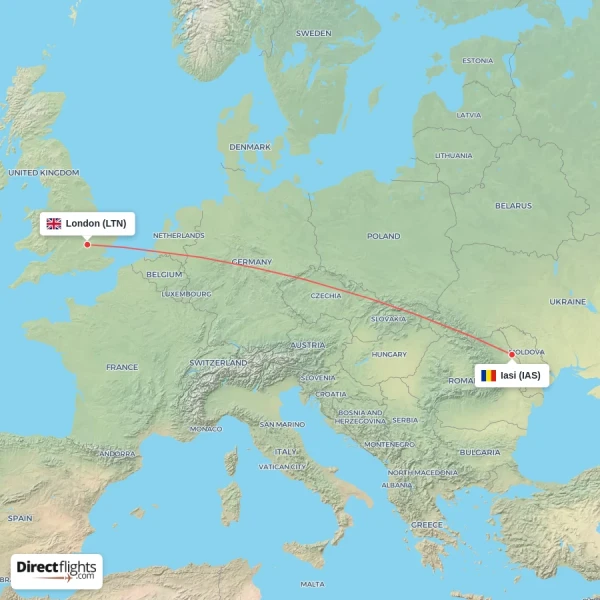 London - Iasi direct flight map